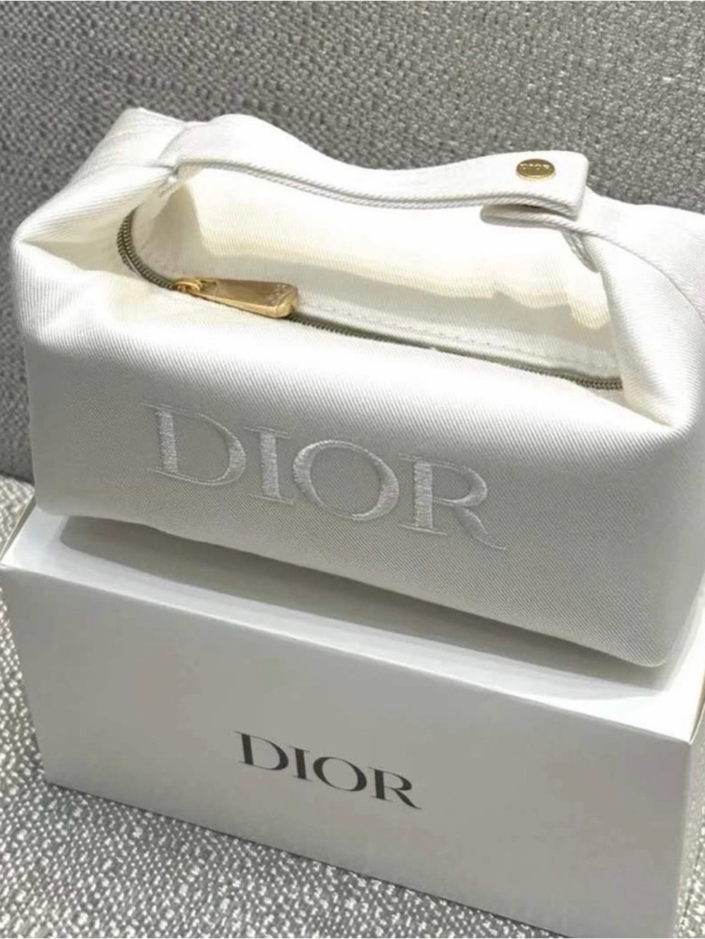 Dior White Embroidered Logo Cosmetic Case with Gold-Tone Zip